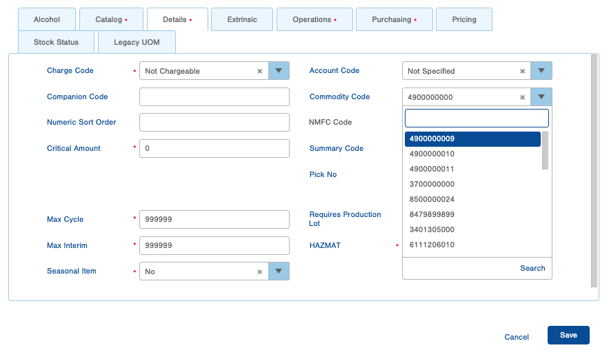 Create Commodity Codes